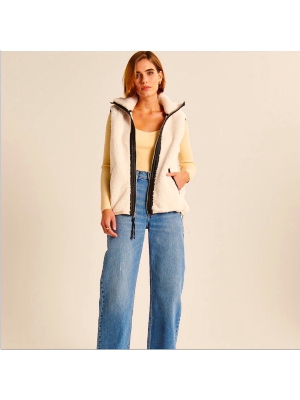 Abercrombie Cream Sherpa Zip-Up Vest